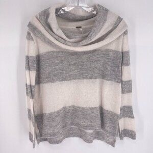 Free People Size S Gray White Stripe Alpaca Blend Fuzzy Knit Cowl Neck Sweater